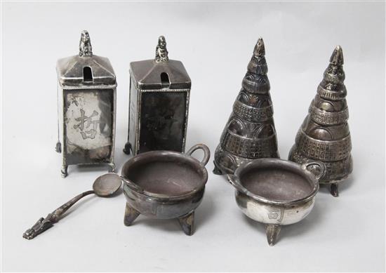 Three assorted pairs of Chinese white metal condiments, including conical form.